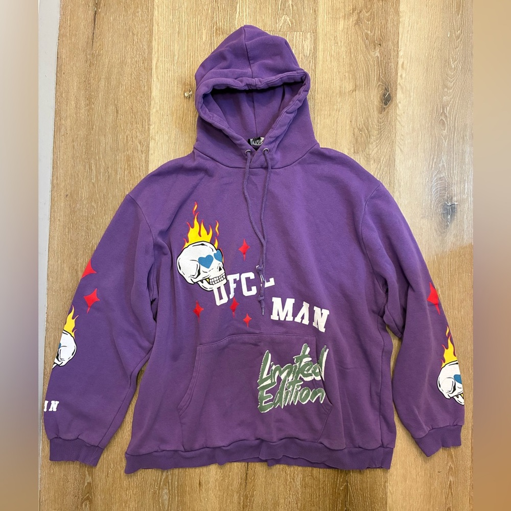 BoohooMAN Hoodie XL Purple Skull Flames Graphic Limited Edition Streetwear